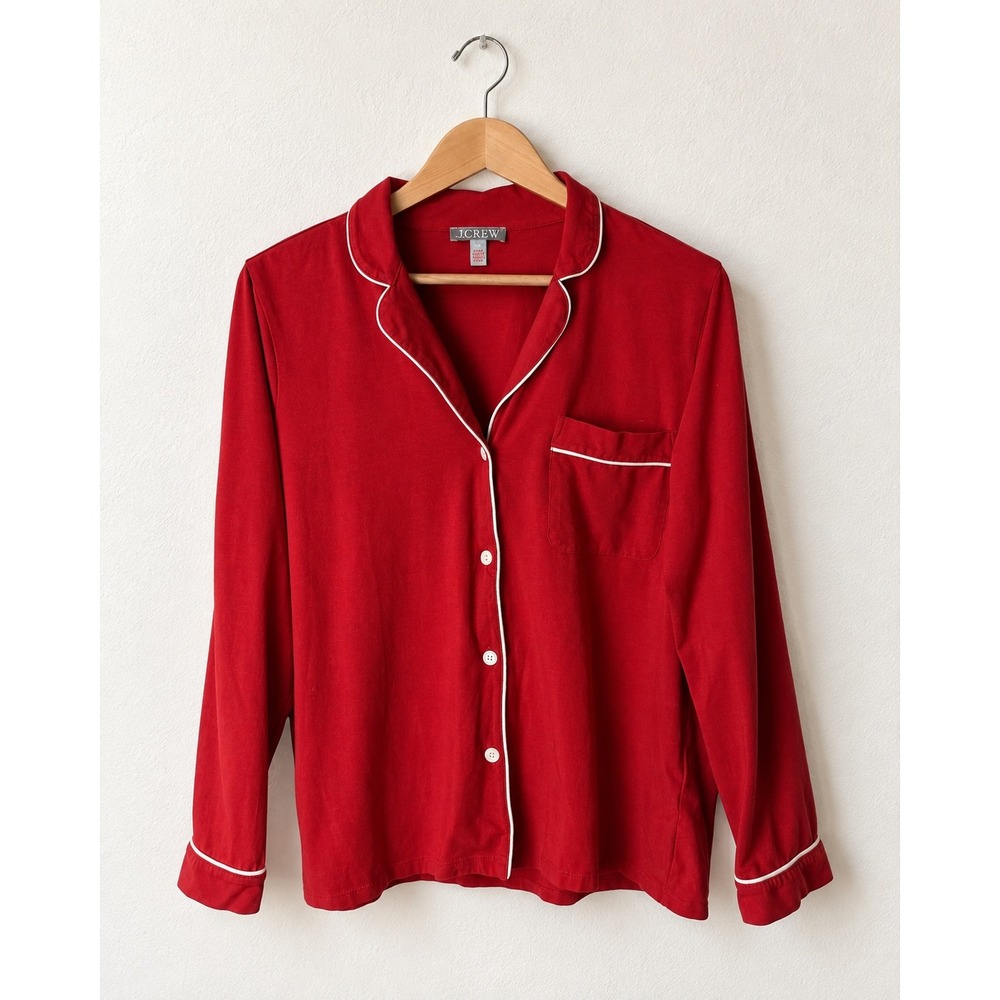 J Crew Dreamy Pajama Top Women Medium Red White Piping Button Front Lounge
